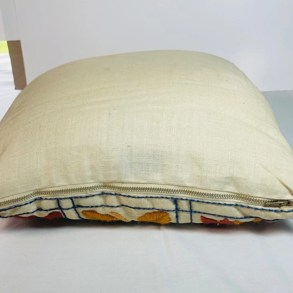 Vintage Crewel Embroidered Floral Pillow 13x13 Folk Art Boho Fall Colors